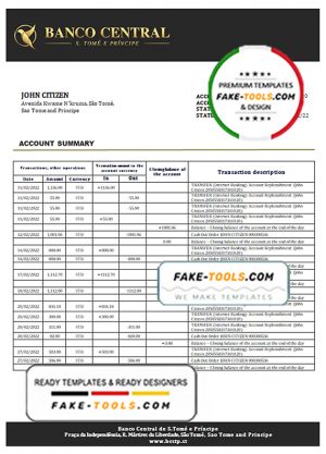 Sao Tome and Principe Banco Central de S.Tome e Principe bank statement template in Word and PDF format