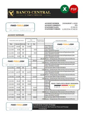 Sao Tome and Principe Banco Central de S.Tome e Principe bank statement, Excel and PDF template