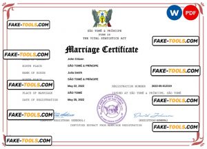 Sao Tome and Principe marriage certificate Word and PDF template, fully editable