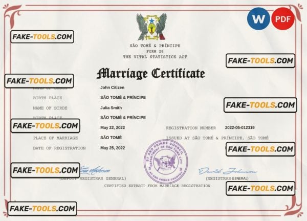 Sao Tome and Principe marriage certificate Word and PDF template, fully editable
