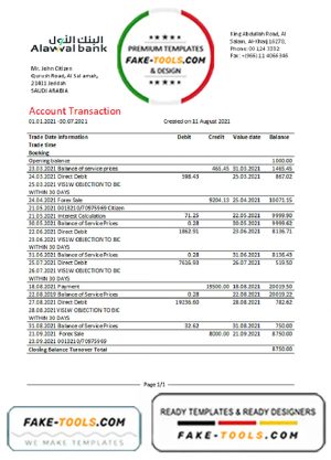 Saudi Arabia Alawwal Bank statement easy to fill template in .xls and .pdf file format