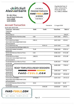 Saudi Arabia Alawwal Bank statement template in Word and PDF format, good for address prove