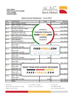 Saudi Arabia Bank Albilad bank statement easy to fill template in Excel and PDF format