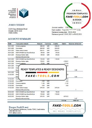 Saudi Arabia Banque Saudi Fransi bank statement easy to fill template in Excel and PDF format