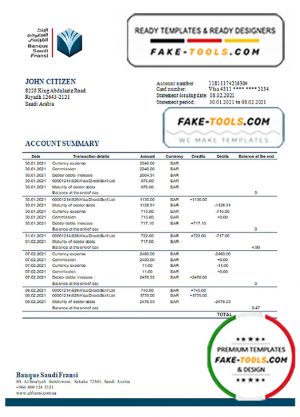 Saudi Arabia Banque Saudi Fransi bank statement template in Word and PDF format, good for address prove