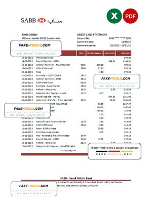 Saudi Arabia SABB bank statement, Excel and PDF template