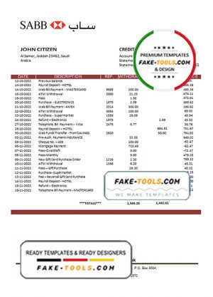 Saudi Arabia SABB bank statement template in Word and PDF format