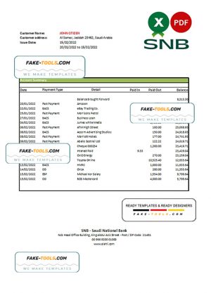 Saudi Arabia SNB bank statement, Excel and PDF template