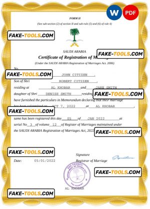 Saudi Arabia marriage certificate Word and PDF template, completely editable