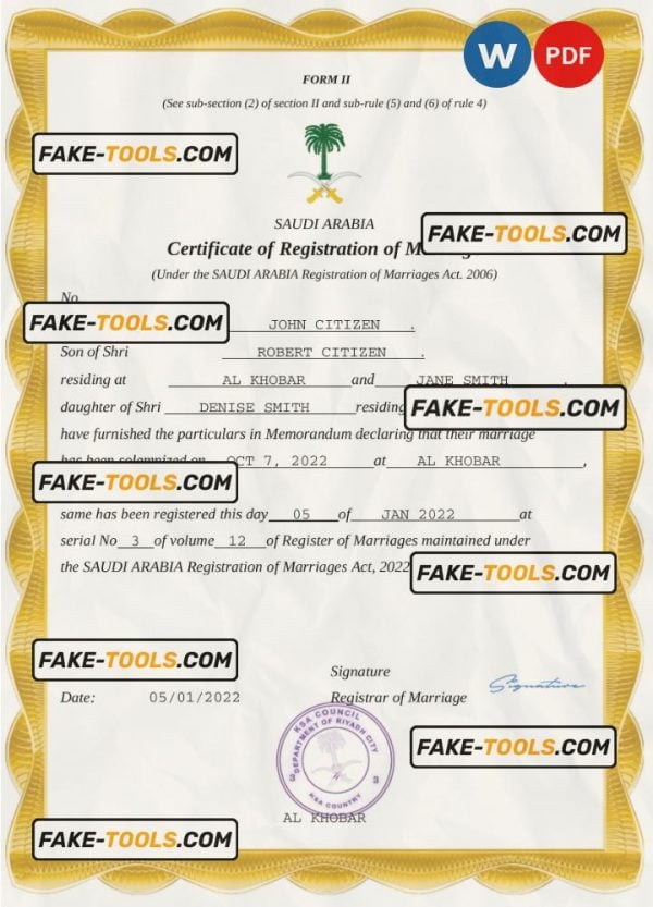 Saudi Arabia marriage certificate Word and PDF template, completely editable