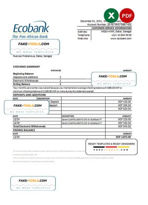 Senegal Ecobank bank statement, Excel and PDF template Senegal Ecobank bank statement, Excel and PDF template