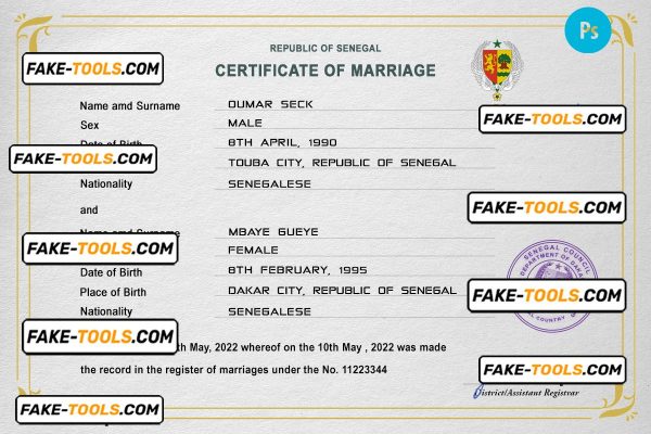 Senegal marriage certificate PSD template, completely editable