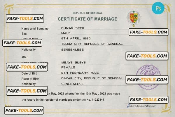 Senegal marriage certificate PSD template, completely editable