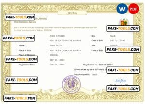 Senegal marriage certificate Word and PDF template, fully editable