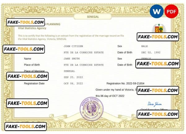 Senegal marriage certificate Word and PDF template, fully editable