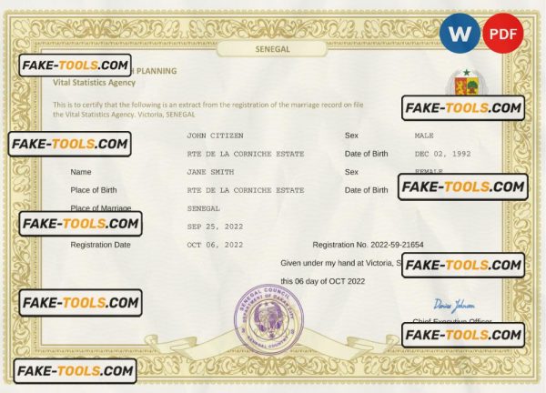 Senegal marriage certificate Word and PDF template, fully editable