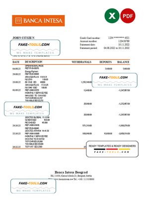 Serbia Banca Intesa bank statement, Excel and PDF template Serbia Banca Intesa bank statement, Excel and PDF template