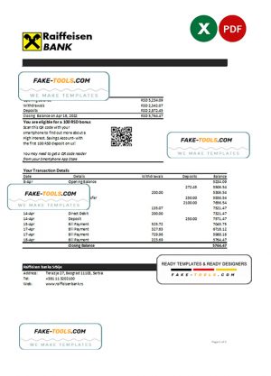 Serbia Raiffeisen bank statement, Excel and PDF template Serbia Raiffeisen bank statement, Excel and PDF template