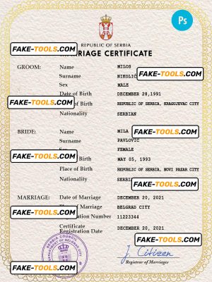 Serbia marriage certificate PSD template, fully editable