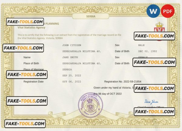 Serbia marriage certificate Word and PDF template, completely editable