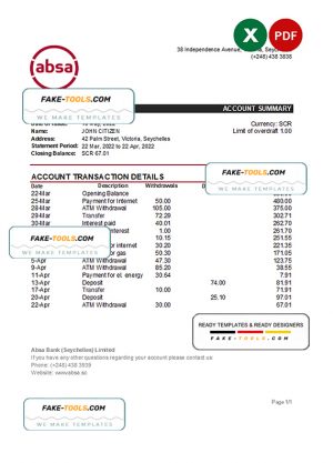 Seychelles ABSA bank statement, Excel and PDF template Seychelles ABSA bank statement, Excel and PDF template