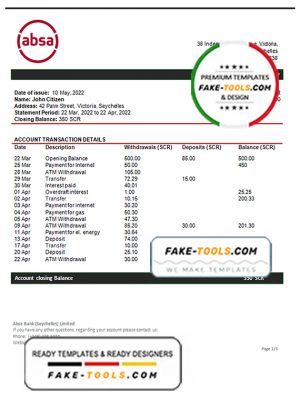 Seychelles ABSA Bank statement template, Word and PDF format (.doc and .pdf) Seychelles ABSA Bank statement template, Word and PDF format (.doc and .pdf)