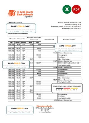Seychelles Bank of Baroda bank statement, Excel and PDF template Seychelles Bank of Baroda bank statement, Excel and PDF template