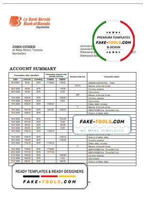 Seychelles Bank of Baroda bank statement template in Word and PDF format Seychelles Bank of Baroda bank statement template in Word and PDF format