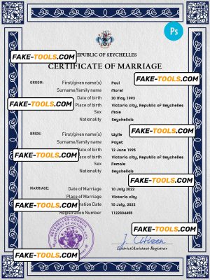 Seychelles marriage certificate PSD template, completely editable