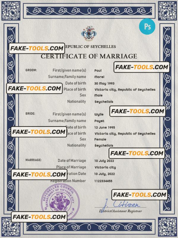 Seychelles marriage certificate PSD template, completely editable