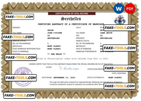 Seychelles marriage certificate Word and PDF template, fully editable