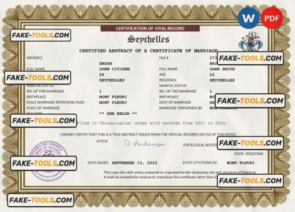 Seychelles marriage certificate Word and PDF template, fully editable