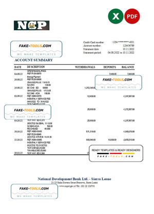 Sierra Leone National Development bank statement, Excel and PDF template Sierra Leone National Development bank statement, Excel and PDF template