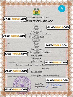 Sierra Leone marriage certificate PSD template, fully editable