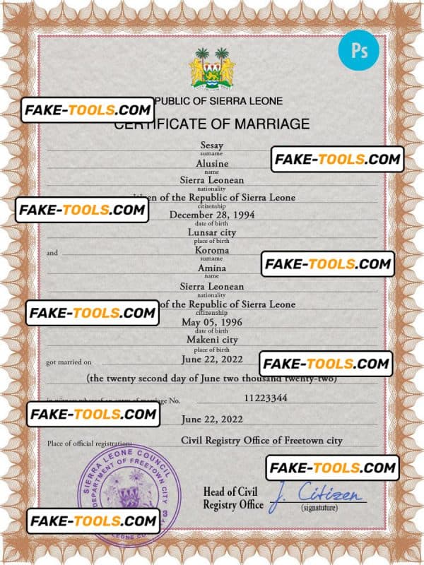 Sierra Leone marriage certificate PSD template, fully editable