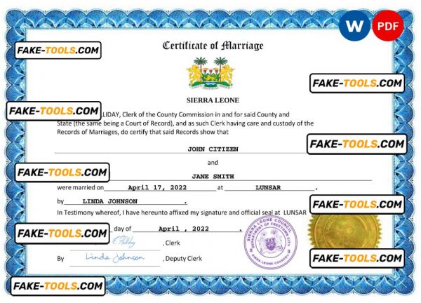 Sierra Leone marriage certificate Word and PDF template, completely editable