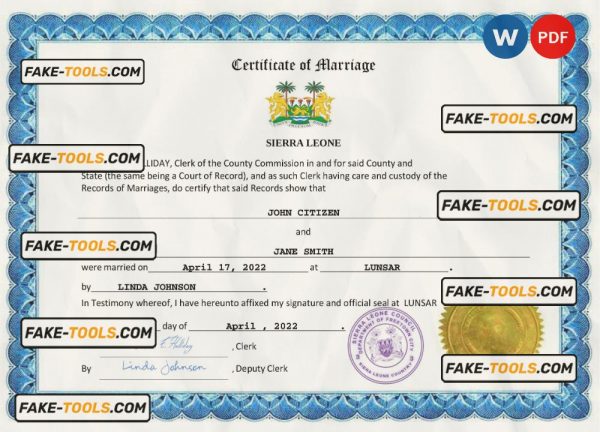 Sierra Leone marriage certificate Word and PDF template, completely editable scan effect