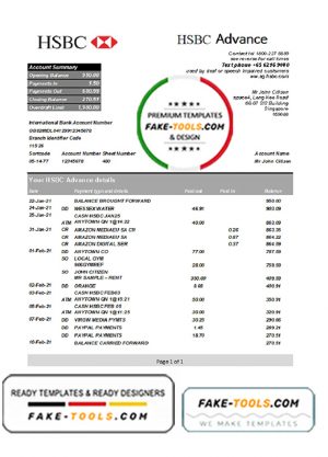 Singapore HSBC Bank statement template in .xls and .pdf file format