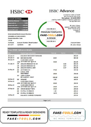 Singapore HSBC bank statement template fully editable in PSD format