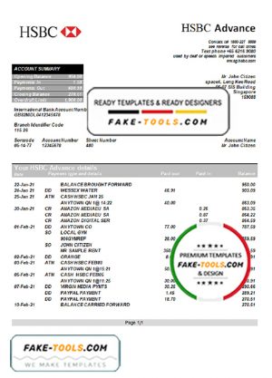 Singapore HSBC bank statement template in Word and PDF format