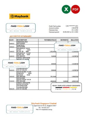 Singapore Maybank bank statement, Excel and PDF template