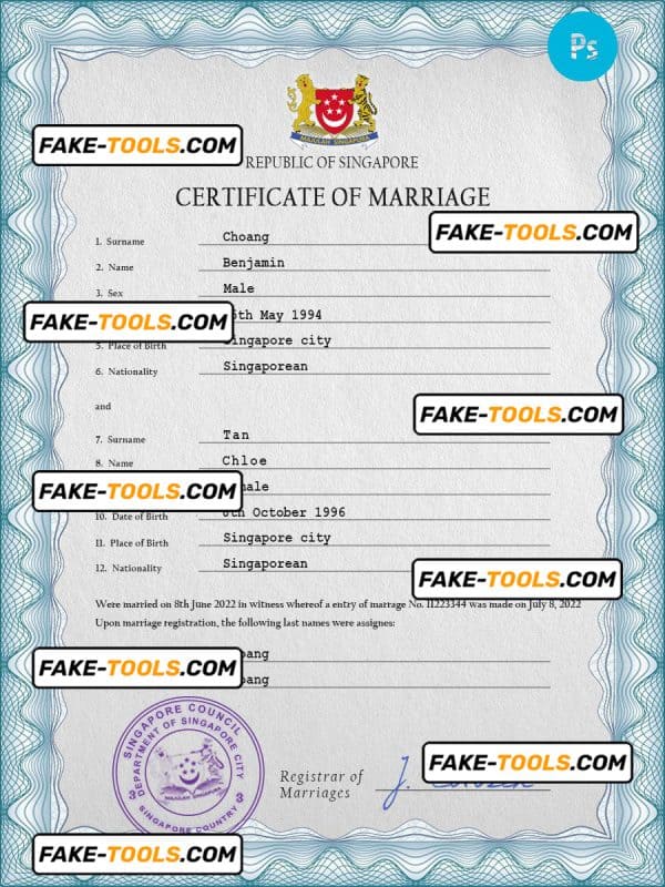 Singapore marriage certificate PSD template, completely editable
