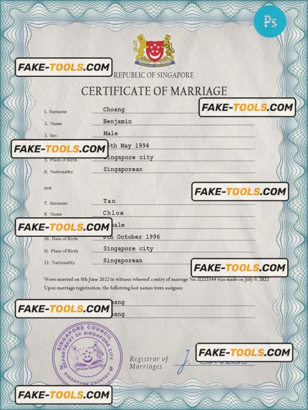 Singapore marriage certificate PSD template, completely editable