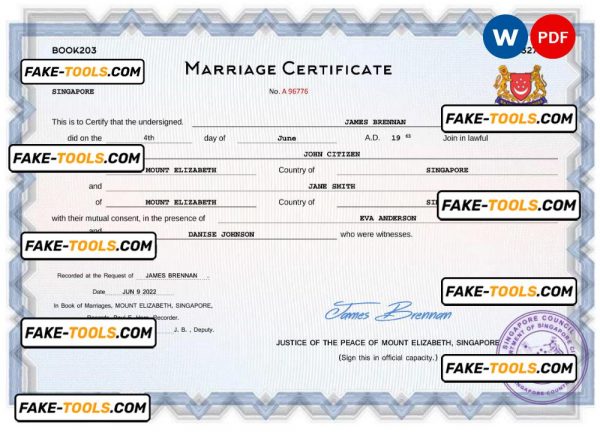 Singapore marriage certificate Word and PDF template, fully editable