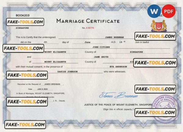Singapore marriage certificate Word and PDF template, fully editable