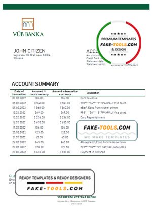 Slovakia VUB Bank statement template, Word and PDF format (.doc and .pdf)