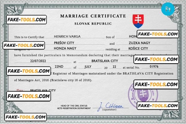 Slovakia marriage certificate PSD template, fully editable