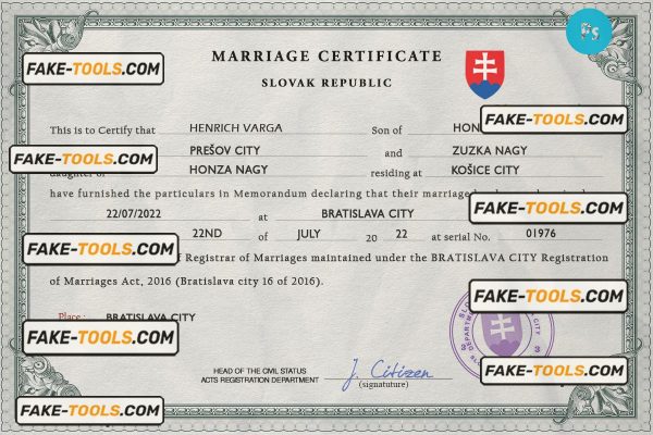 Slovakia marriage certificate PSD template, fully editable