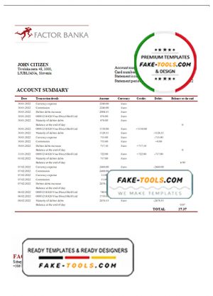 Slovenia Factor Banka bank statement template in Word and PDF format