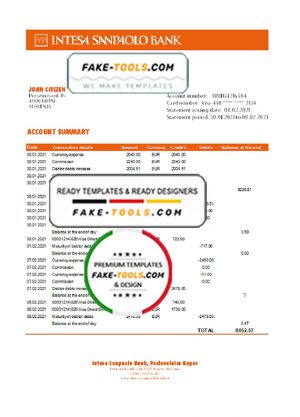 Slovenia Intesa Sanpaolo Bank, Poslovalnica Koper bank statement easy to fill template in .xls and .pdf file format